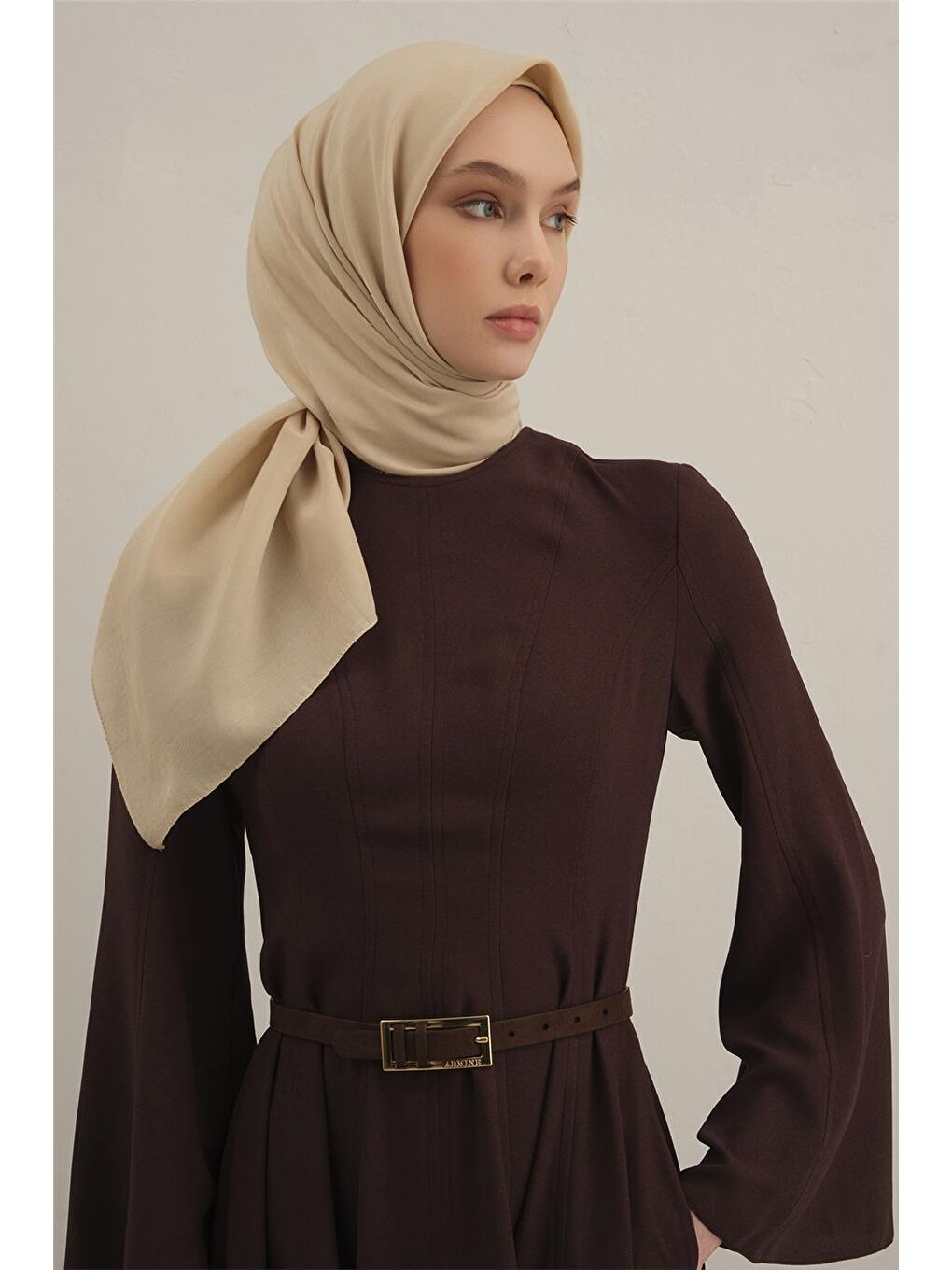 Bej Bordürlü Lyocell Eşarp 64-2