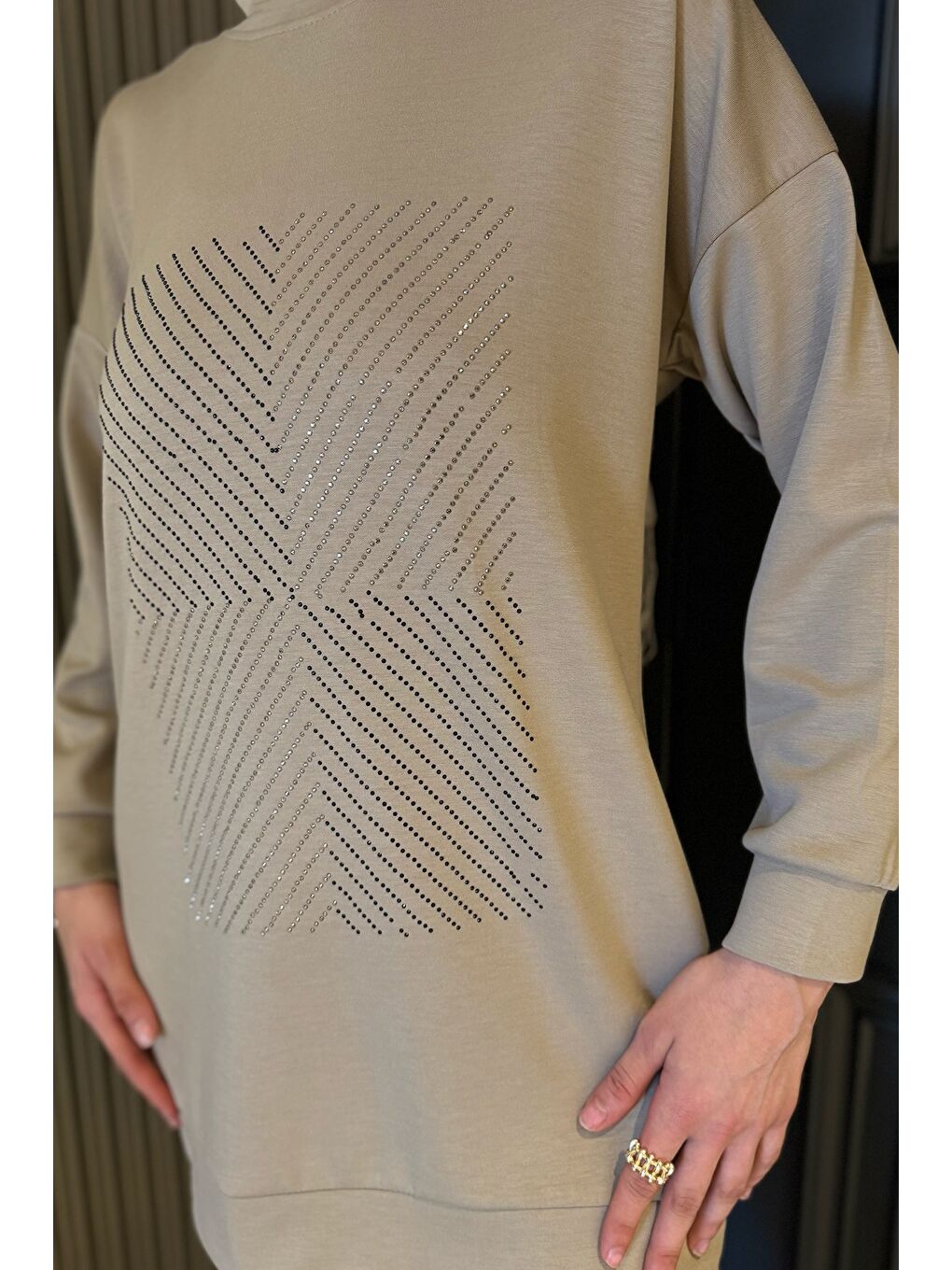 Bej Ön Taşlı Bisiklet Yaka Büyük Beden Tesettür Tunik Pantolon İkili Takım-2