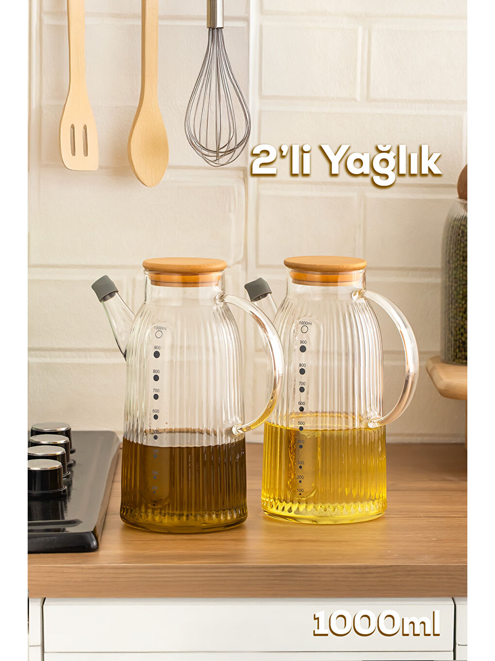 Renksiz 2091 Bambu Kapaklı Vakumlu Ölçekli Borosilikat Cam 2li Yağdanlık Yağlık Sirkelik Seti 1000ml