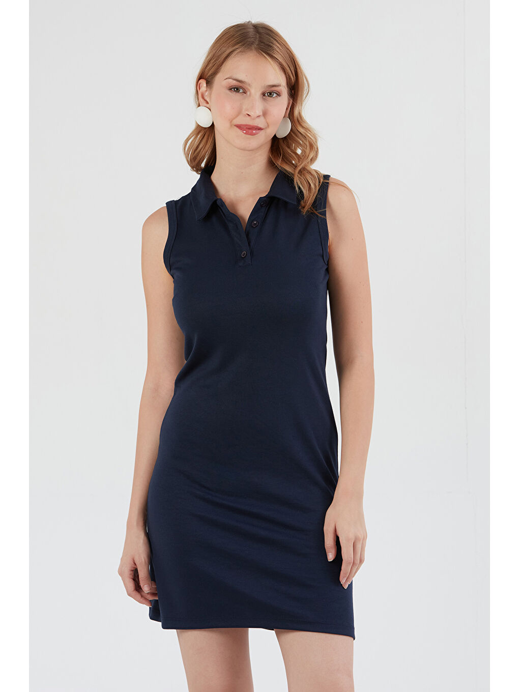 Lacivert Basic Polo Yaka Yarım Düğmeli Elastanlı Modal Elbise-1