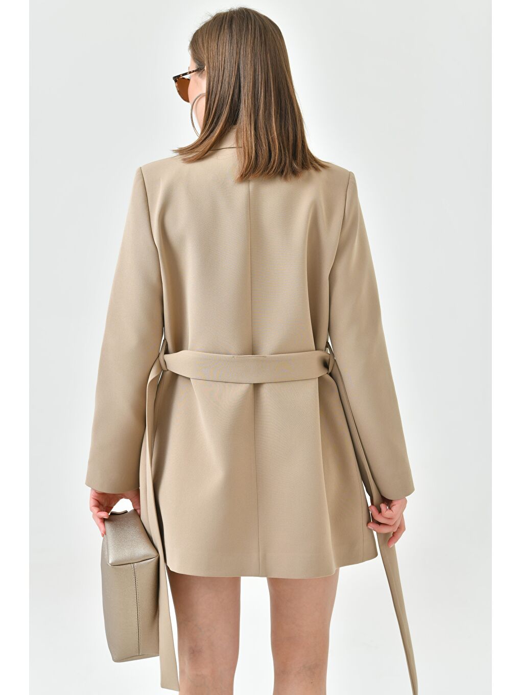 Bej Vizon Kadın Tek Düğmeli Dokuma Kruvaze Blazer Ceket - Kuşaklı-6