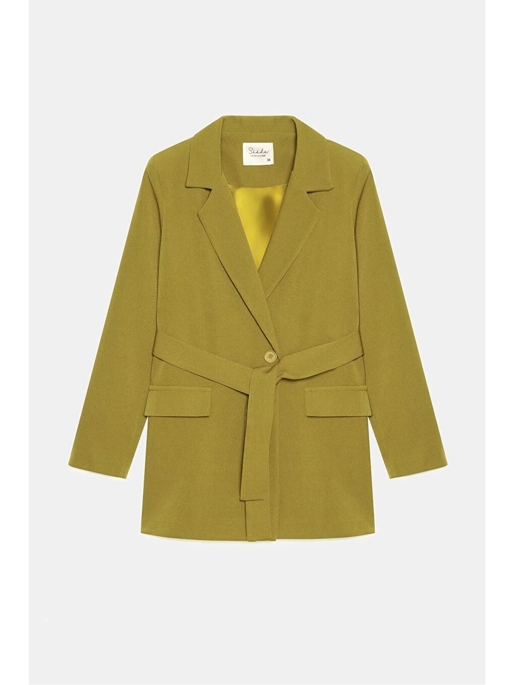 Yağ Yeşili Kadın Tek Düğmeli Dokuma Kruvaze Blazer Ceket - Kuşaklı