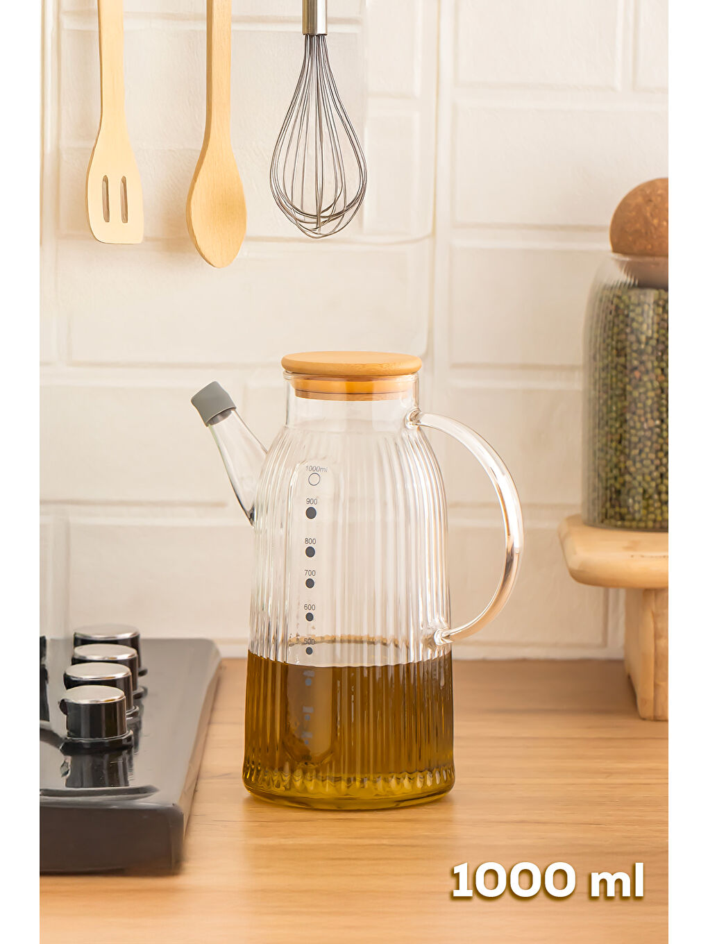 Renksiz 2091 Bambu Kapaklı Vakumlu Ölçekli Borosilikat Cam Yağdanlık Yağlık Sirkelik 1000ml