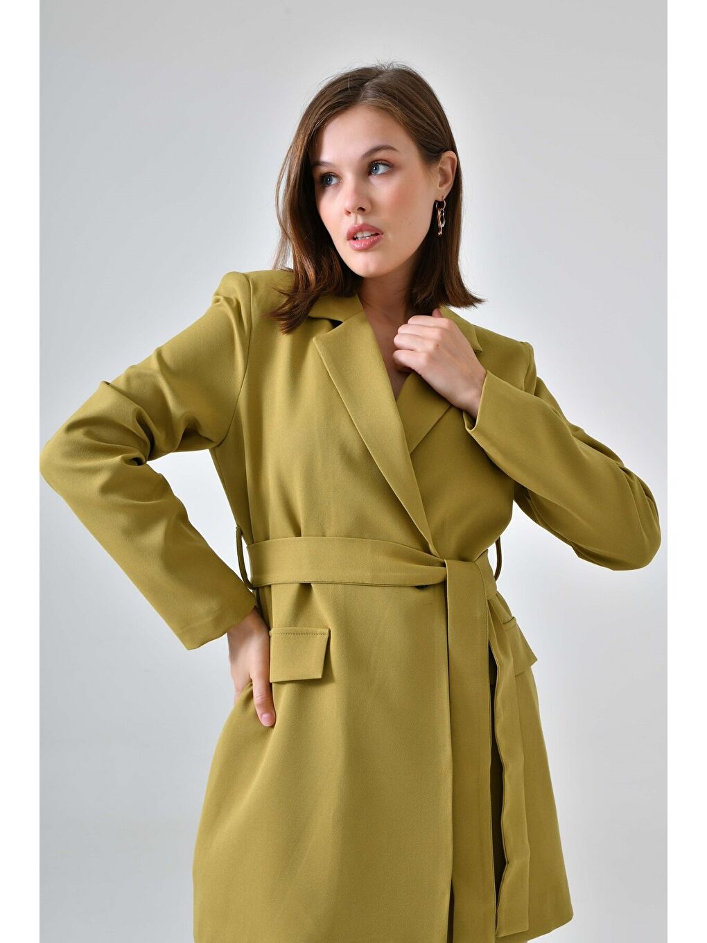 Yağ Yeşili Kadın Tek Düğmeli Dokuma Kruvaze Blazer Ceket - Kuşaklı-1