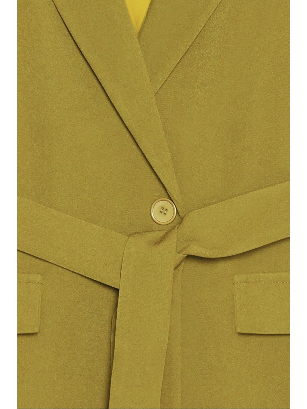 Yağ Yeşili Kadın Tek Düğmeli Dokuma Kruvaze Blazer Ceket - Kuşaklı-3