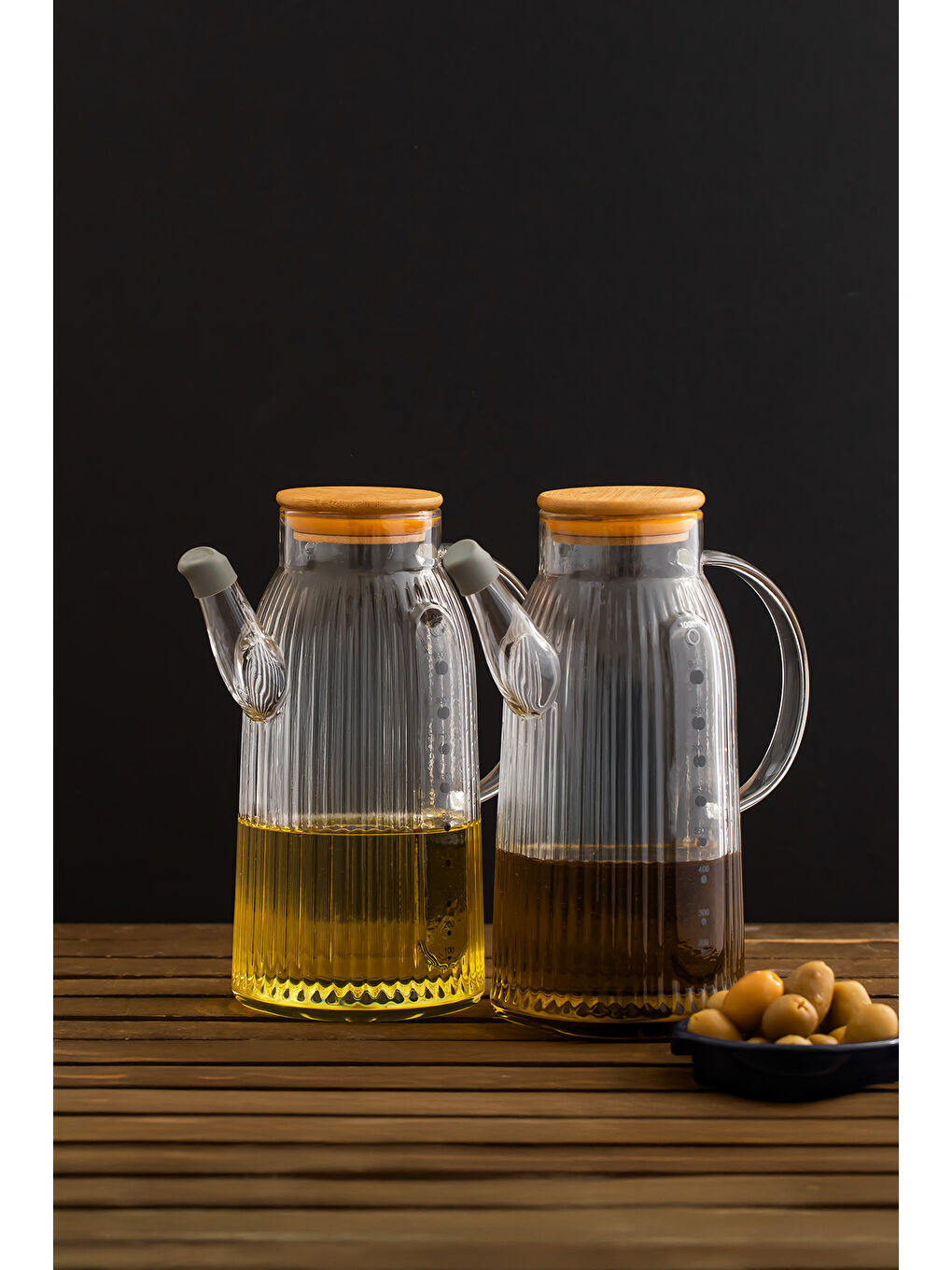 Renksiz 2091 Bambu Kapaklı Vakumlu Ölçekli Borosilikat Cam 2li Yağdanlık Yağlık Sirkelik Seti 1000ml-1