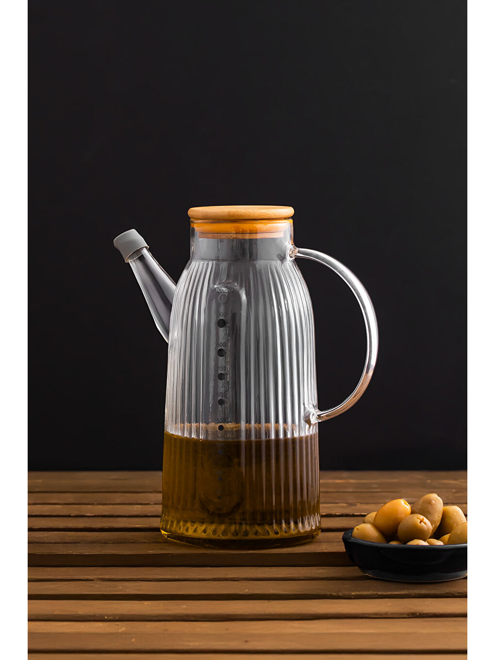 Renksiz 2091 Bambu Kapaklı Vakumlu Ölçekli Borosilikat Cam Yağdanlık Yağlık Sirkelik 1000ml-1