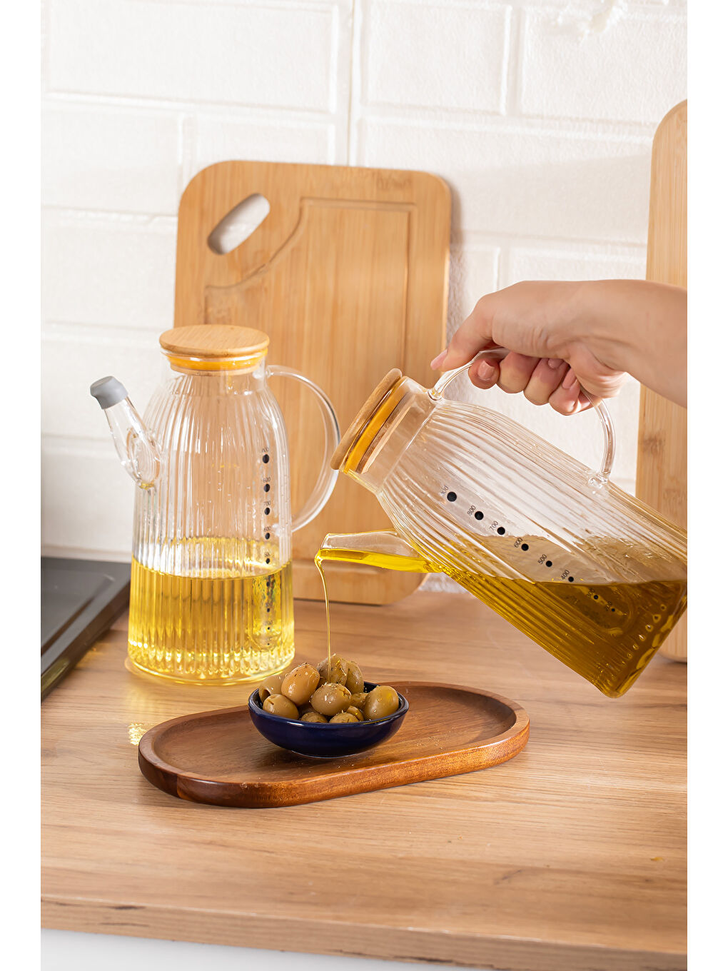 Renksiz 2091 Bambu Kapaklı Vakumlu Ölçekli Borosilikat Cam Yağdanlık Yağlık Sirkelik 1000ml-2