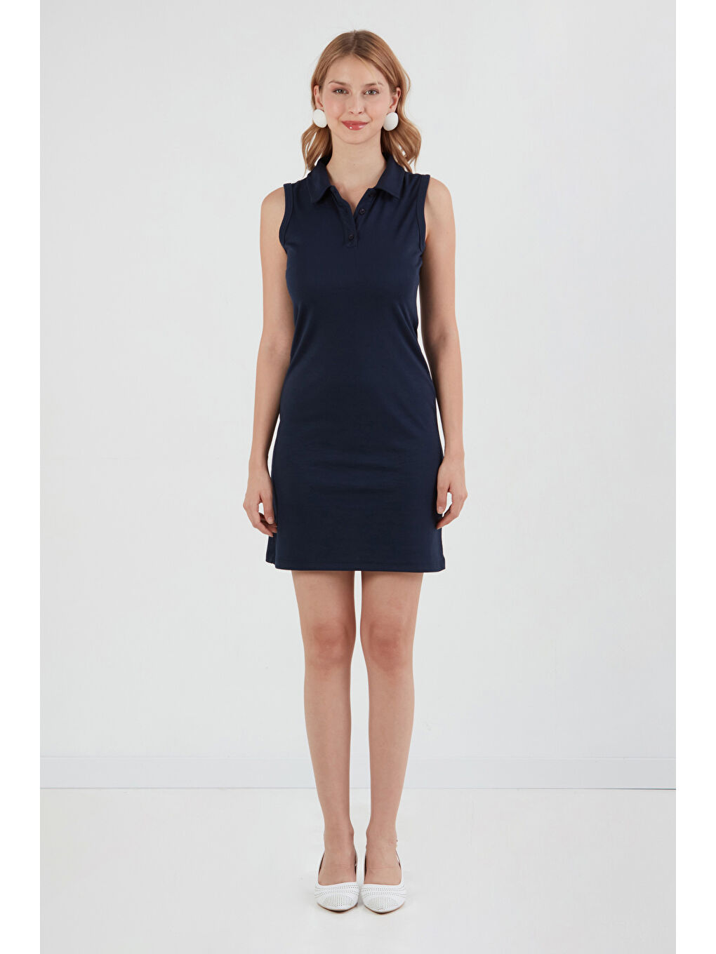 Lacivert Basic Polo Yaka Yarım Düğmeli Elastanlı Modal Elbise-4