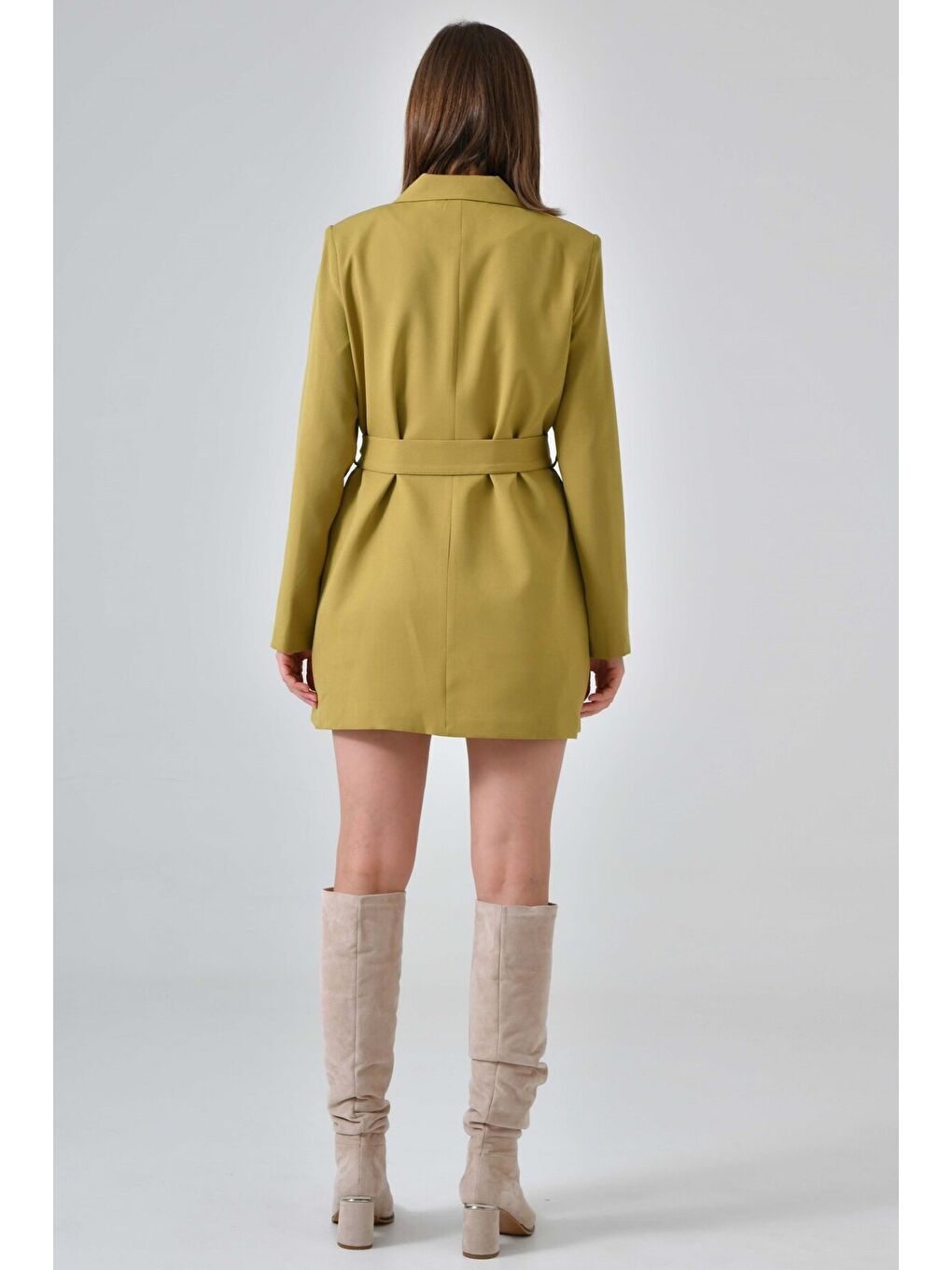 Yağ Yeşili Kadın Tek Düğmeli Dokuma Kruvaze Blazer Ceket - Kuşaklı-6