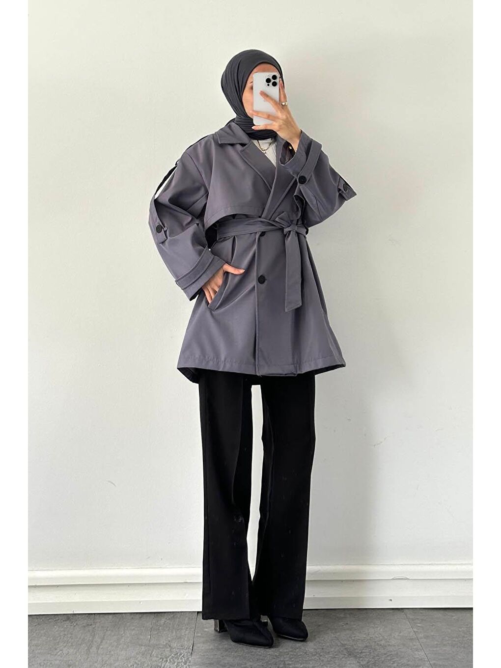 Omuz Apoletli Trençkot Taş Gri