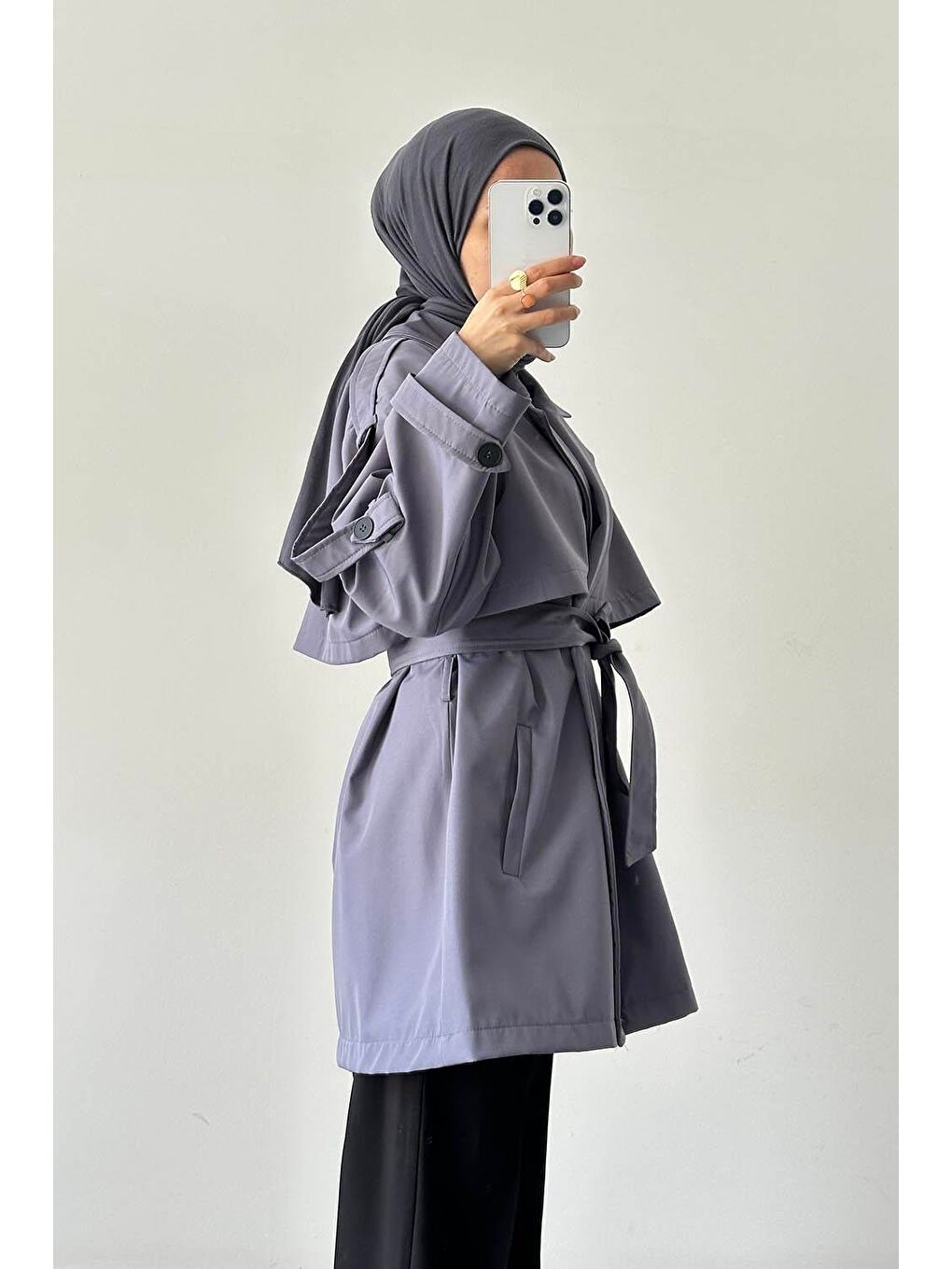 Omuz Apoletli Trençkot Taş Gri-1