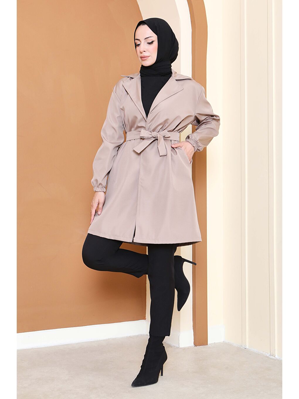 Kuşaklı Kolu Lastikli Miranda Trençkot Bej - 27799-BEJ-3
