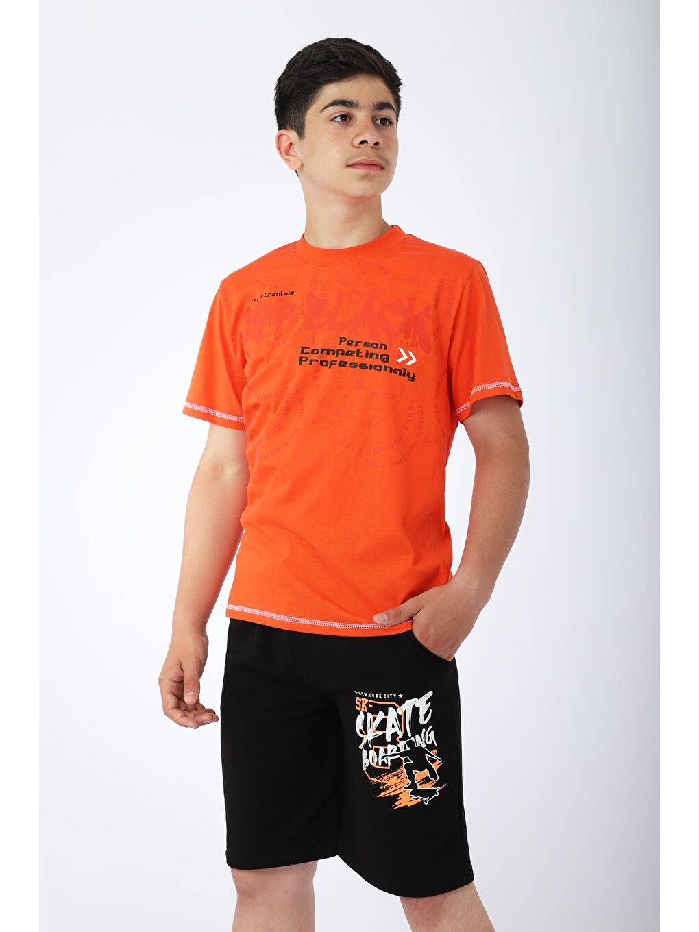 Turuncu Erkek Çocuk Tshirt Şort Yazlık Takım Kay Kay Baskılı