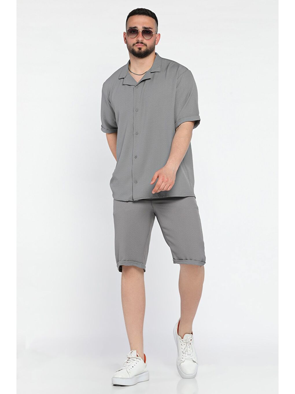 Gri Erkek Duble Kol Gömlek Şort İkili Takım