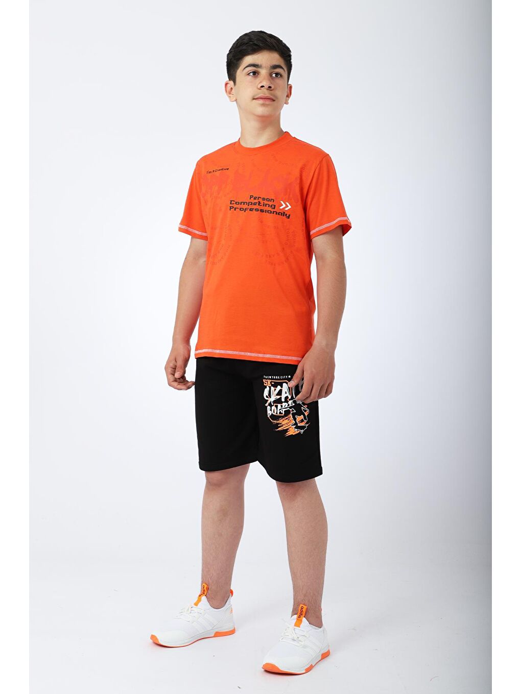 Turuncu Erkek Çocuk Tshirt Şort Yazlık Takım Kay Kay Baskılı-1