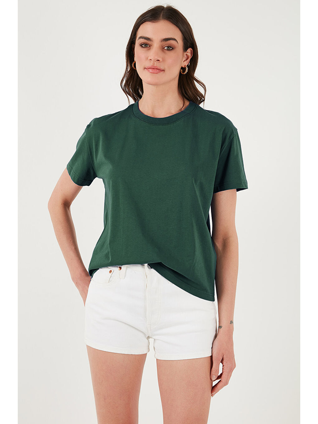 Yeşil Pamuklu Oversize Fit Bisiklet Yaka Kadın T Shirt 5866097