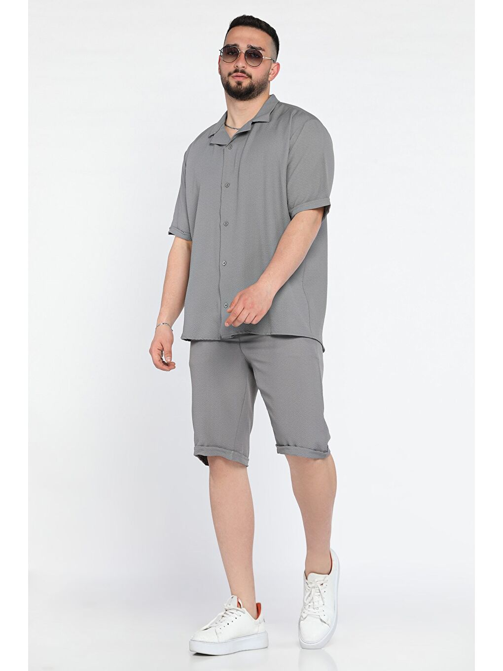 Gri Erkek Duble Kol Gömlek Şort İkili Takım-1