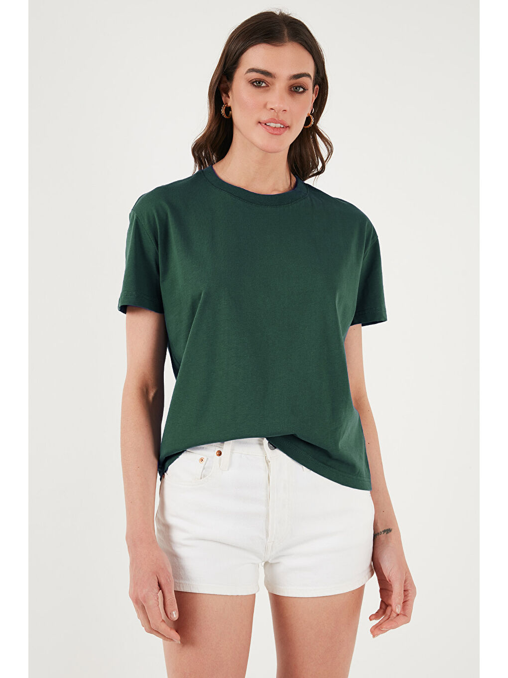 Yeşil Pamuklu Oversize Fit Bisiklet Yaka Kadın T Shirt 5866097-2