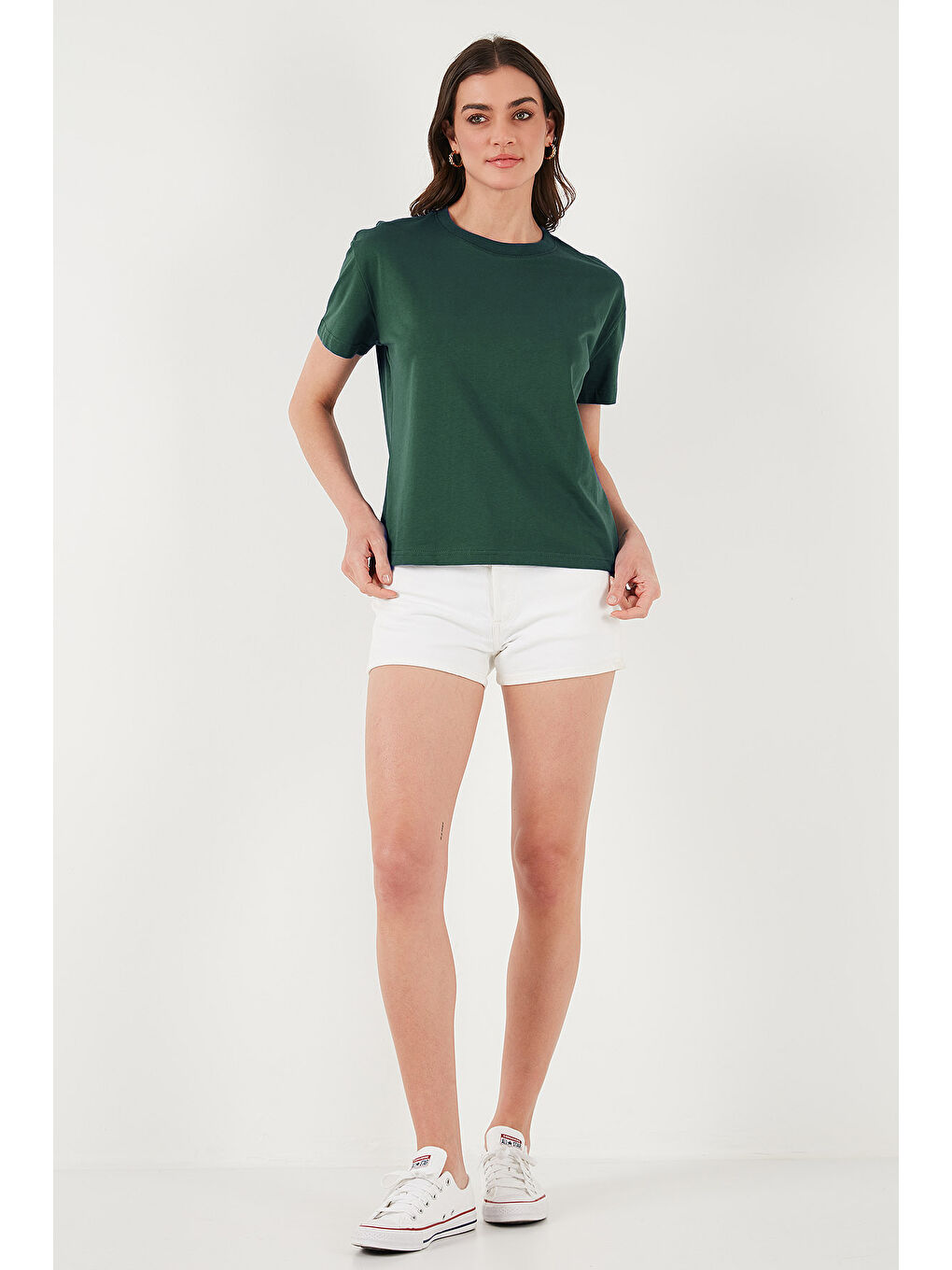 Yeşil Pamuklu Oversize Fit Bisiklet Yaka Kadın T Shirt 5866097-3