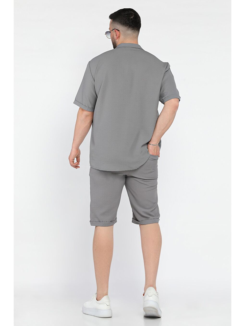 Gri Erkek Duble Kol Gömlek Şort İkili Takım-2