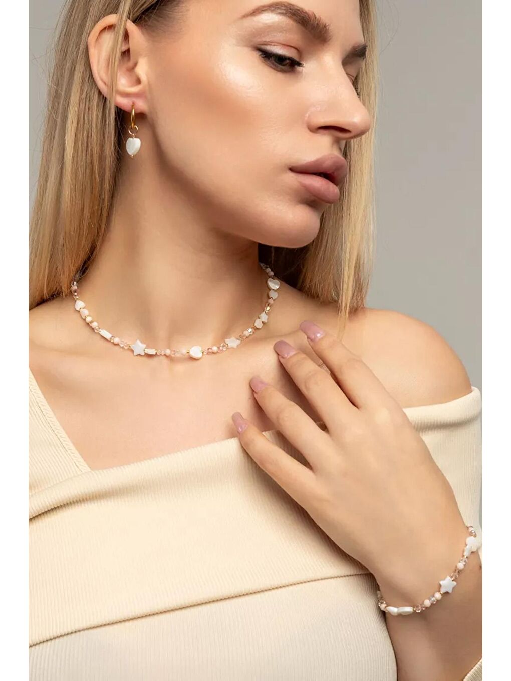 New Obsessions Sarı Sedef Kalp ve Yıldız Detaylı Kolye-Bileklik Set - 2