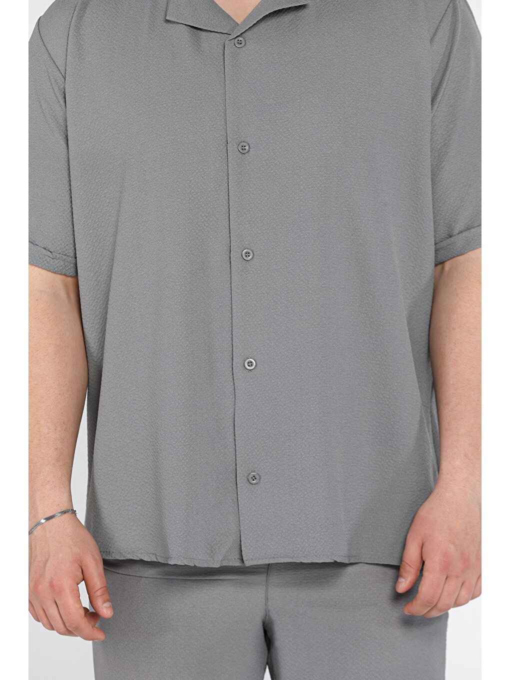 Gri Erkek Duble Kol Gömlek Şort İkili Takım-3