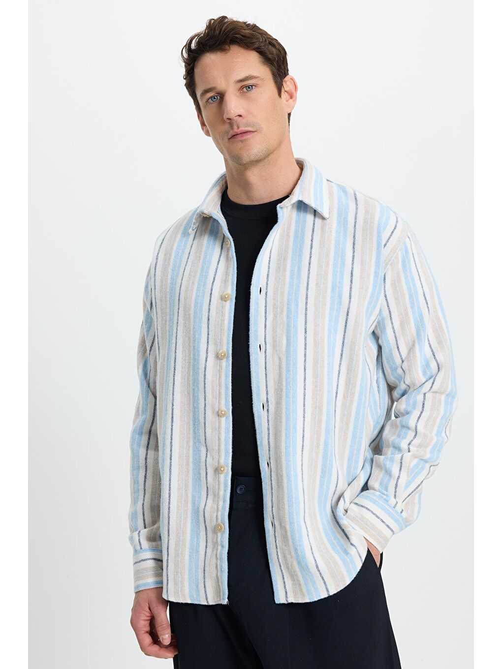Mavi Erkek Relax Fit Rahat Kesim Spor Yaka Çizgili Oduncu Gömlek