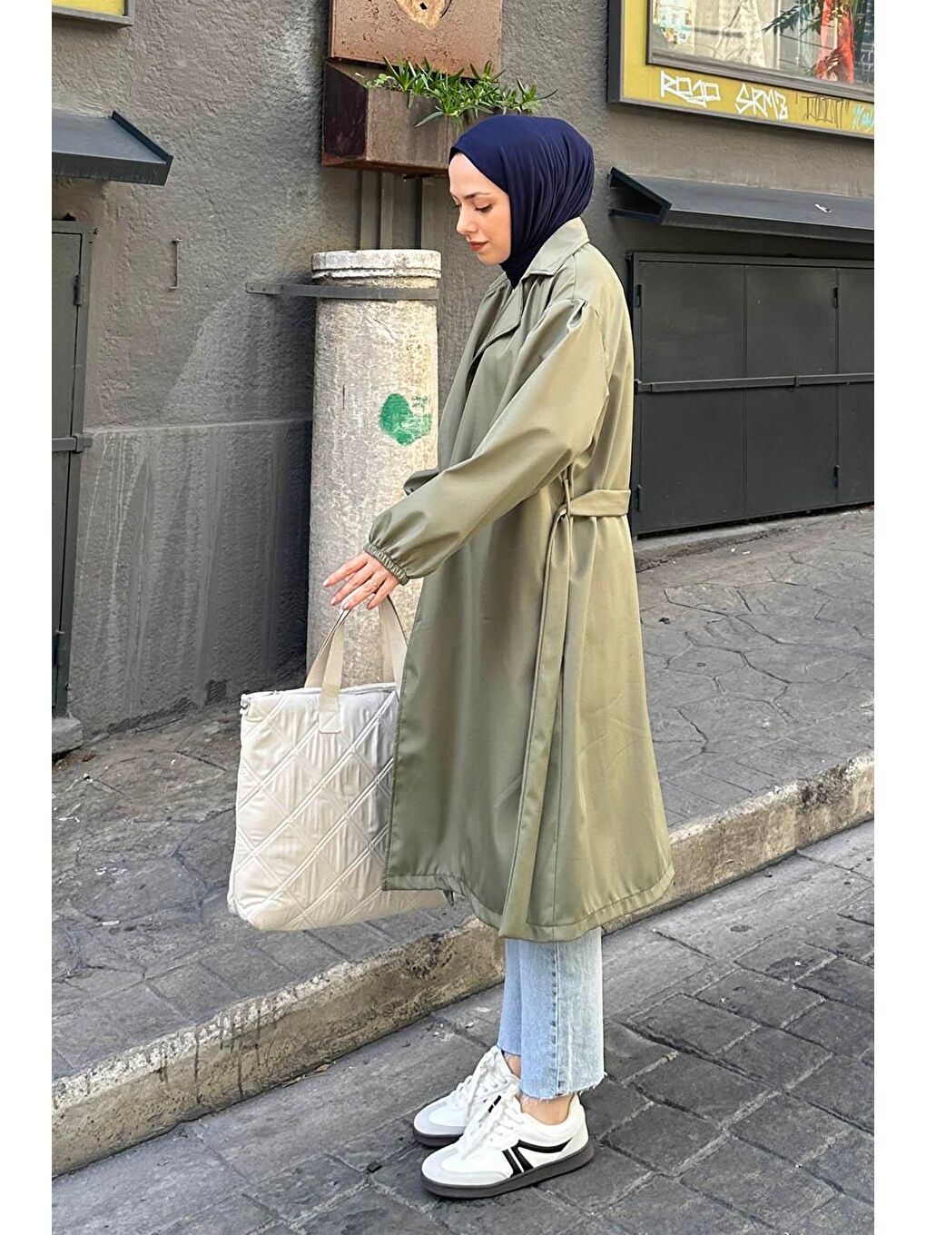 Kol Elastik Detaylı Trençkot Haki-1