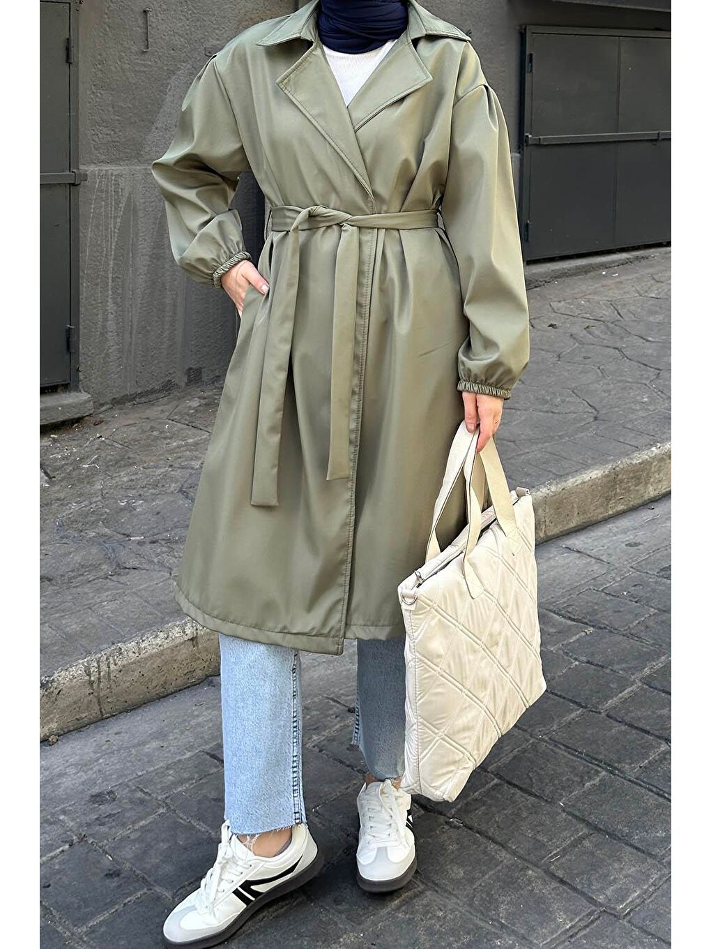 Kol Elastik Detaylı Trençkot Haki-2