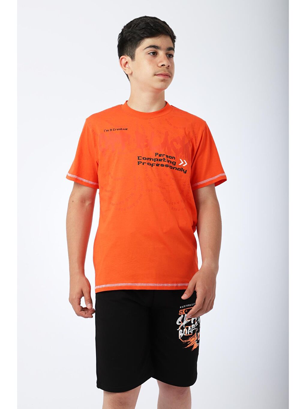 Turuncu Erkek Çocuk Tshirt Şort Yazlık Takım Kay Kay Baskılı-4