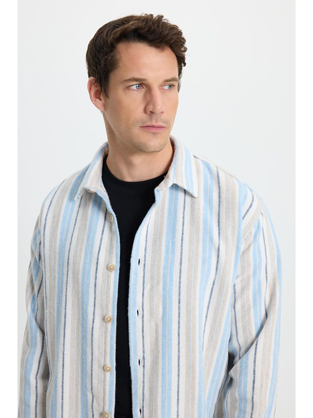 Mavi Erkek Relax Fit Rahat Kesim Spor Yaka Çizgili Oduncu Gömlek-1