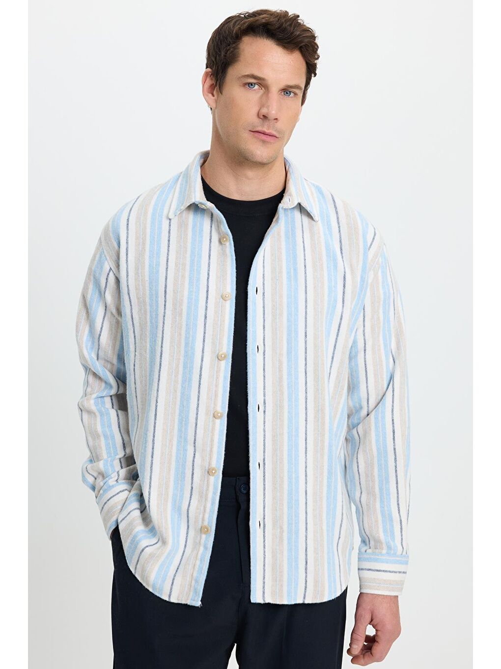 Mavi Erkek Relax Fit Rahat Kesim Spor Yaka Çizgili Oduncu Gömlek-3