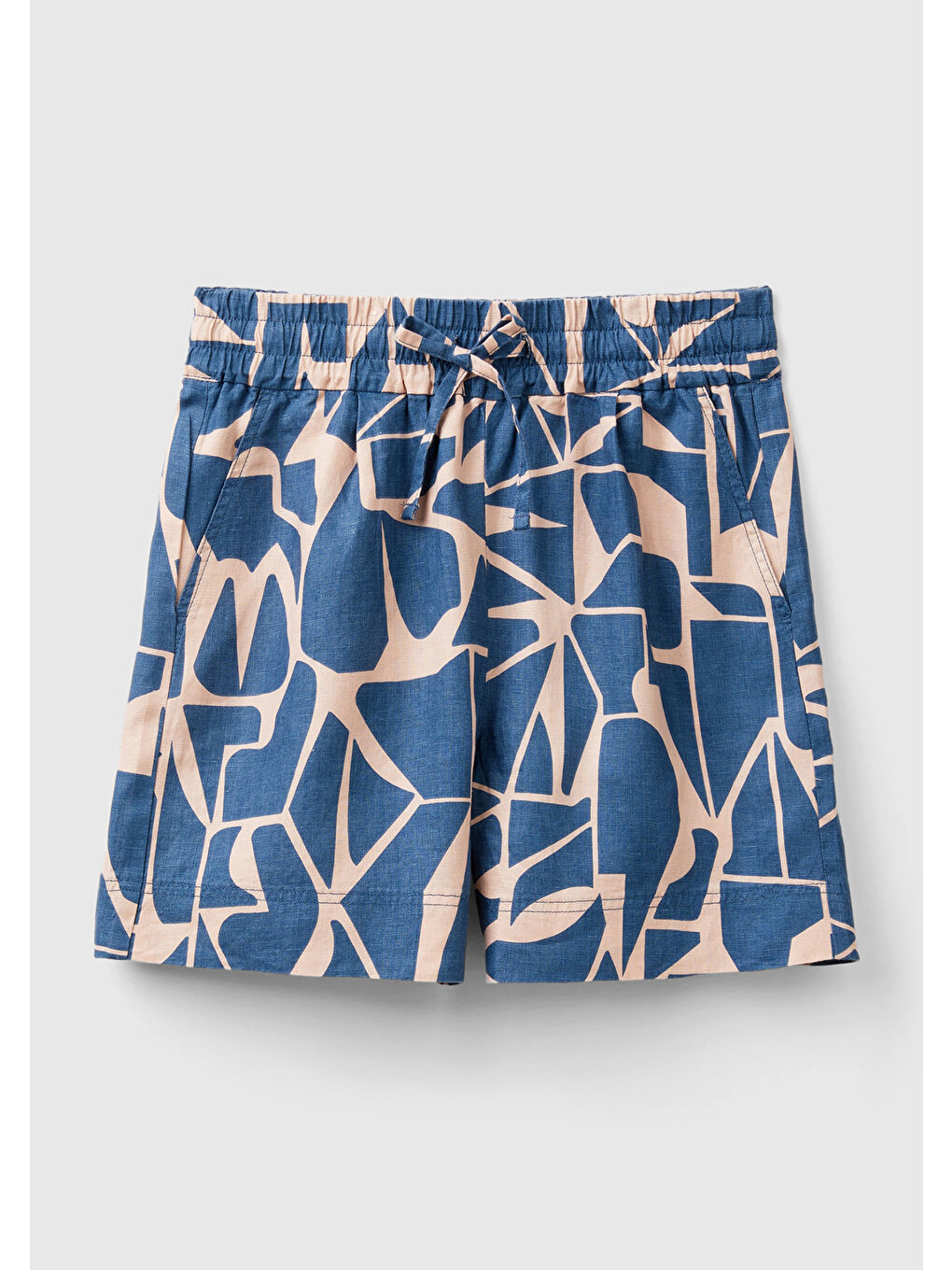 Kadın Lacivert %100 Keten Tamamı Desenli Beli Bağlamalı Şort-1
