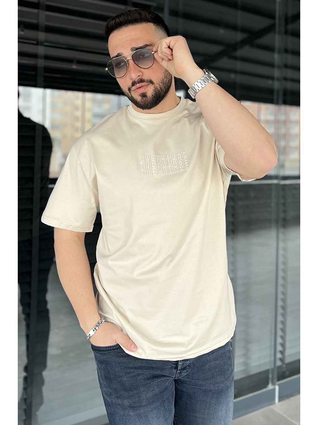 Bej Erkek Silikon Yazı Baskılı Bisiklet Yaka Tişört