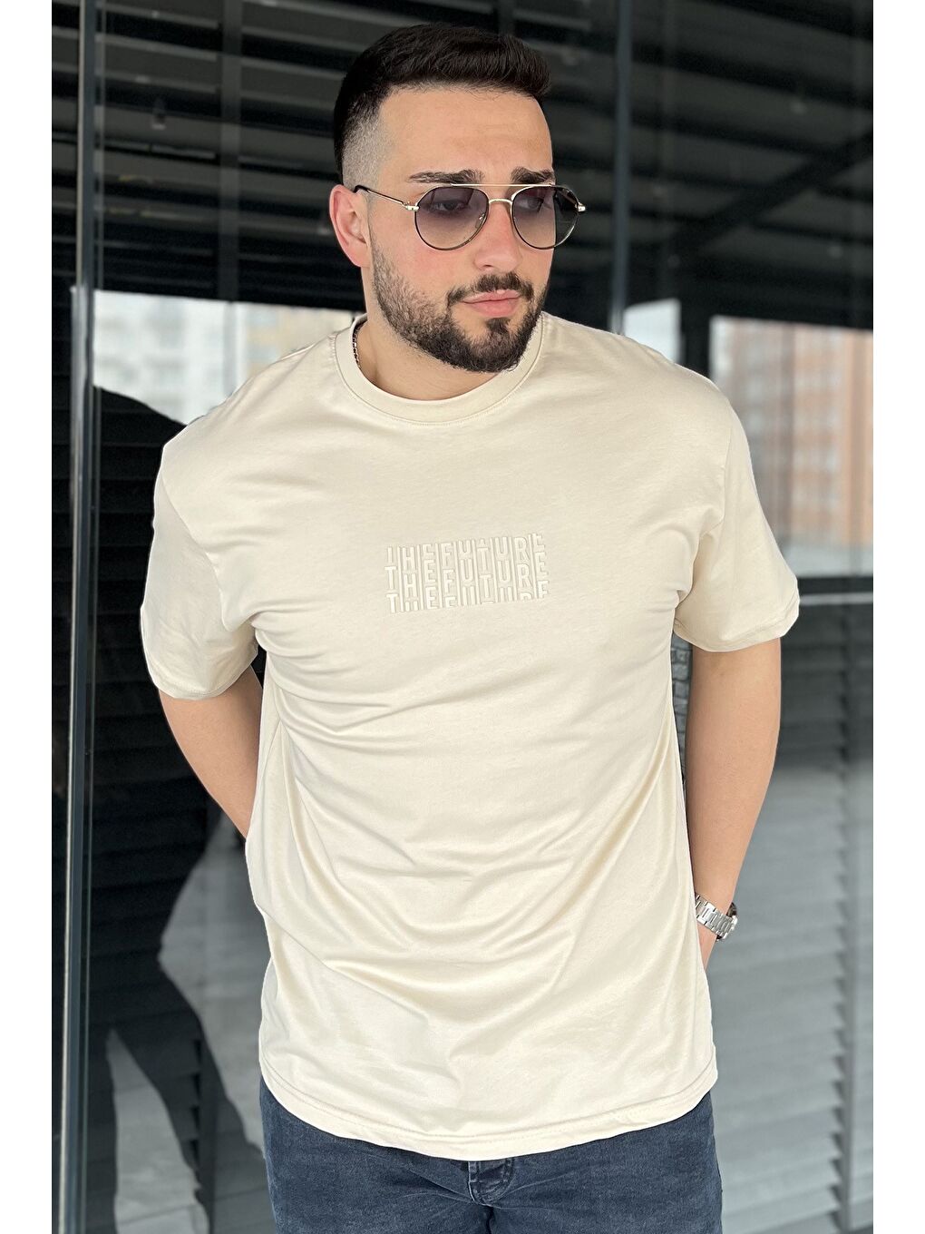 Bej Erkek Silikon Yazı Baskılı Bisiklet Yaka Tişört-1