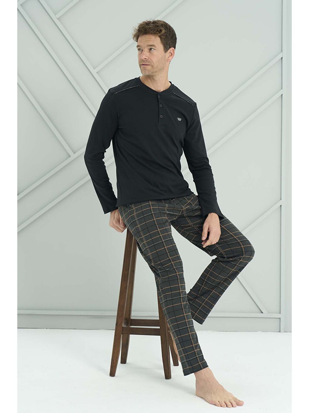 Haki Erkek Penye Uzun Kol Pijama Takımı 2232 Siyah04-2