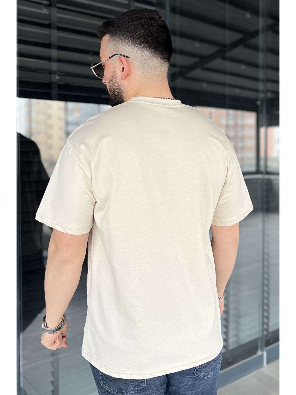 Bej Erkek Silikon Yazı Baskılı Bisiklet Yaka Tişört-2