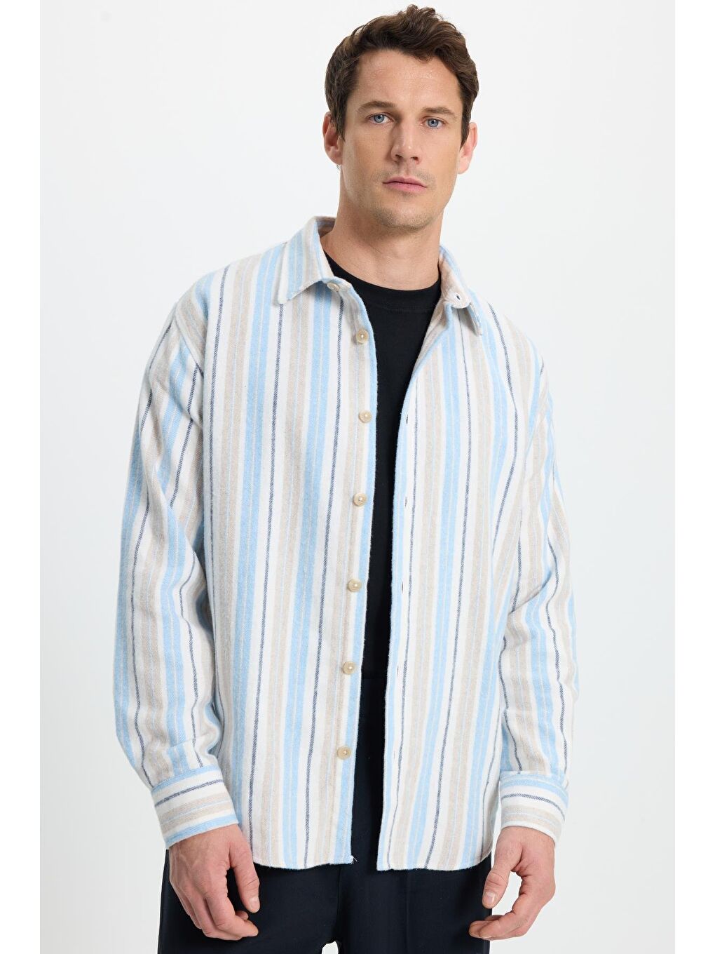 Mavi Erkek Relax Fit Rahat Kesim Spor Yaka Çizgili Oduncu Gömlek-5