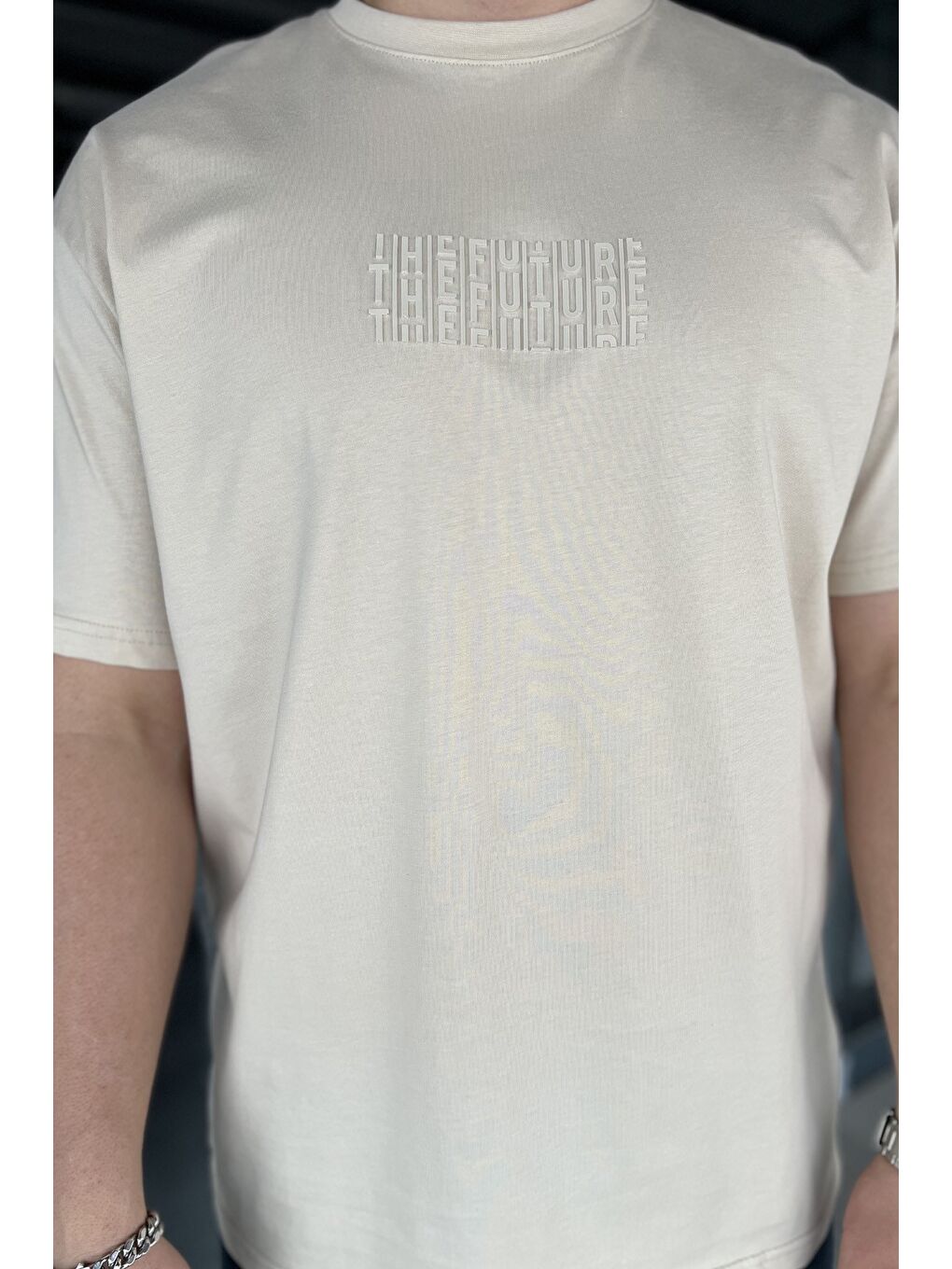 Bej Erkek Silikon Yazı Baskılı Bisiklet Yaka Tişört-3