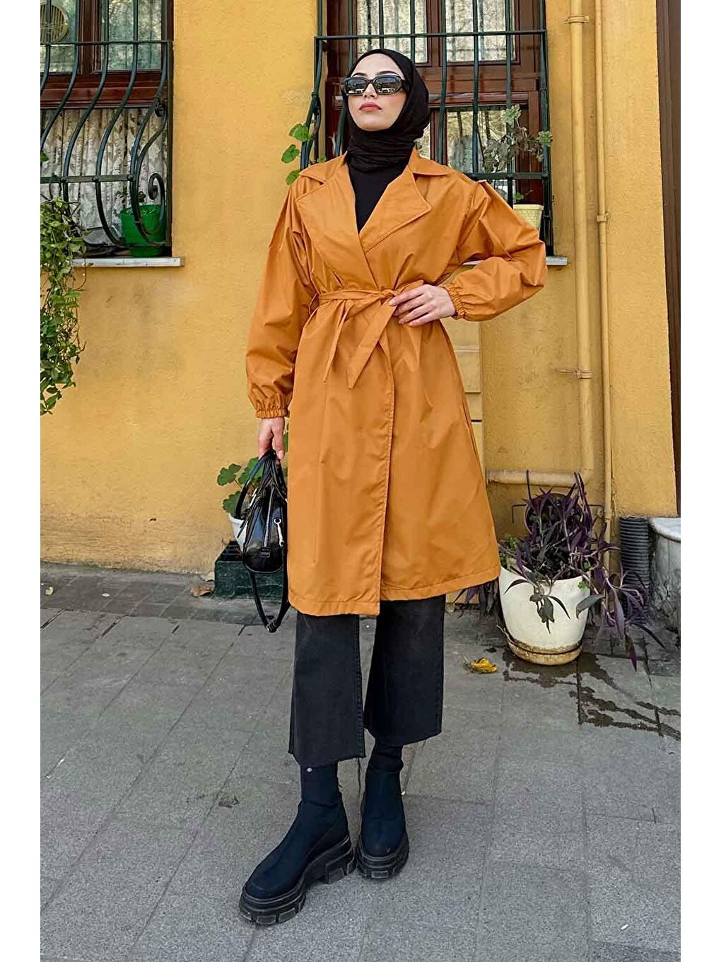 Balon Kol Kuşaklı Trençkot Hardal Sarısı