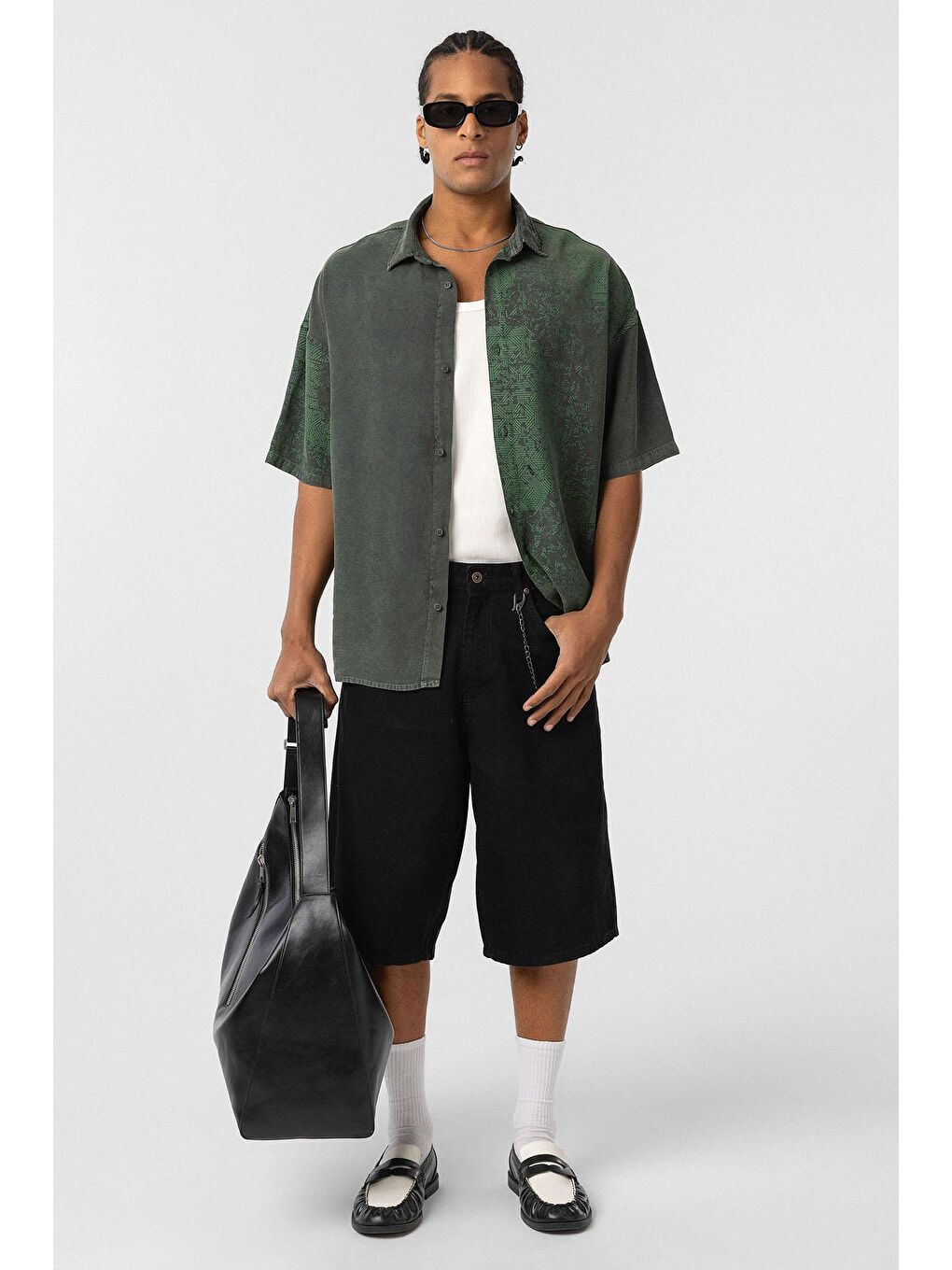 Yıkamalı Oversize Kısa Kol Gömlek Haki