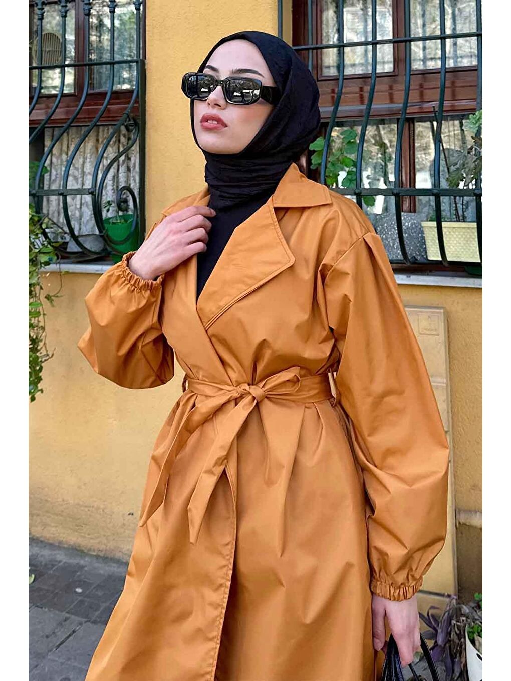 Balon Kol Kuşaklı Trençkot Hardal Sarısı-2