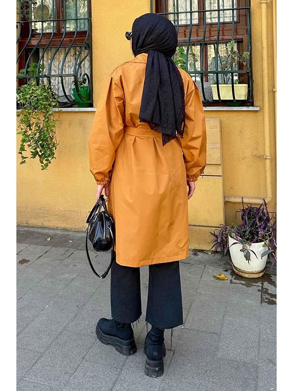Balon Kol Kuşaklı Trençkot Hardal Sarısı-3