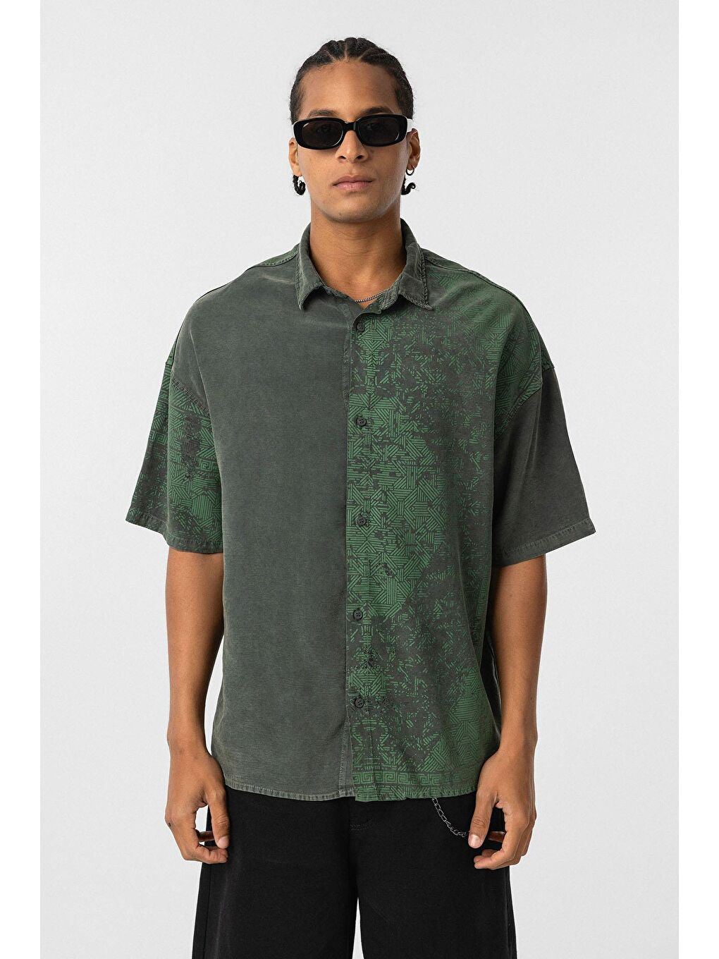 Yıkamalı Oversize Kısa Kol Gömlek Haki-2