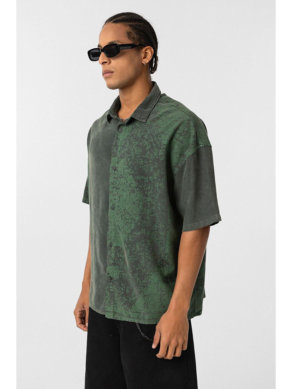 Yıkamalı Oversize Kısa Kol Gömlek Haki-3