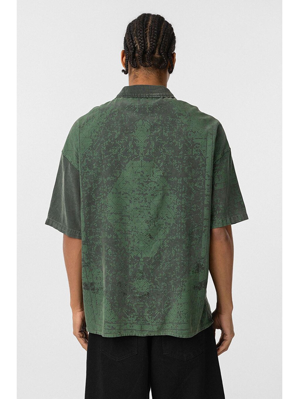 Yıkamalı Oversize Kısa Kol Gömlek Haki-4