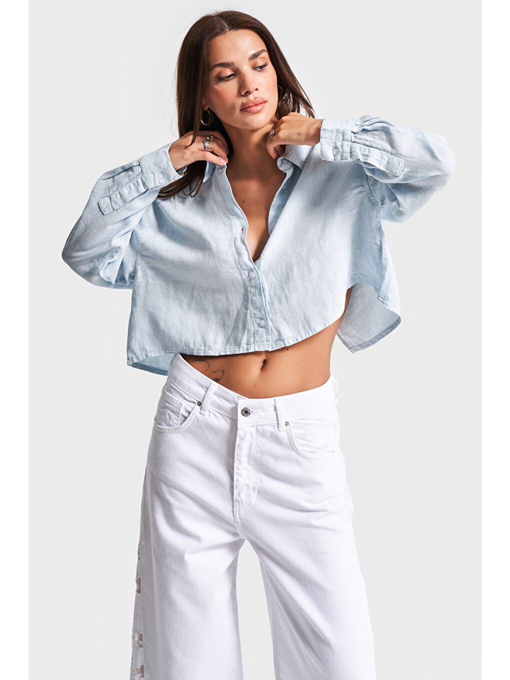 Kadın Bebe Mavisi 6s5-103 Organik Keten Kumaş Crop Fit Oversize Gömlek-2