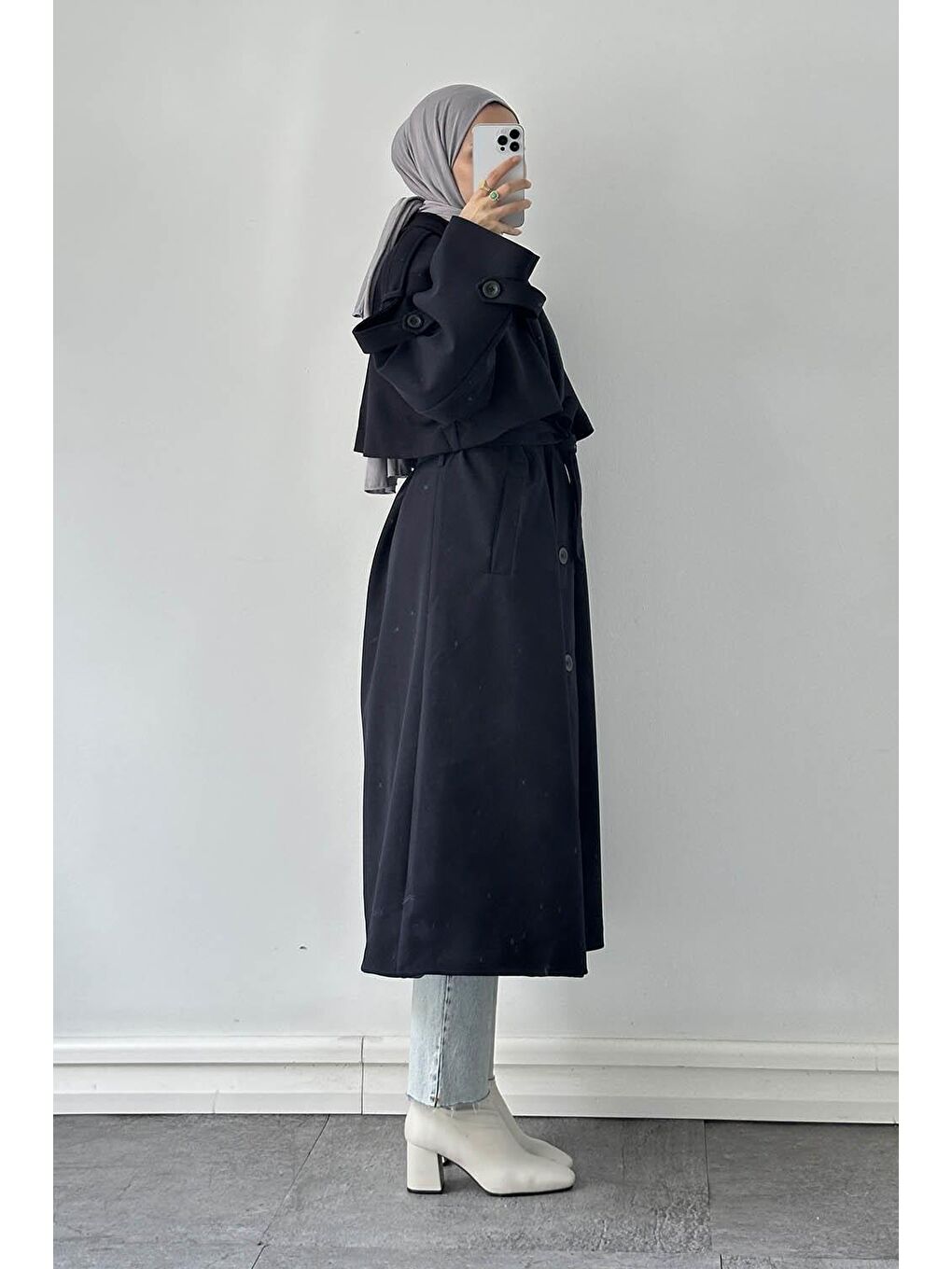 Bağlama Detaylı Trençkot Lacivert-1