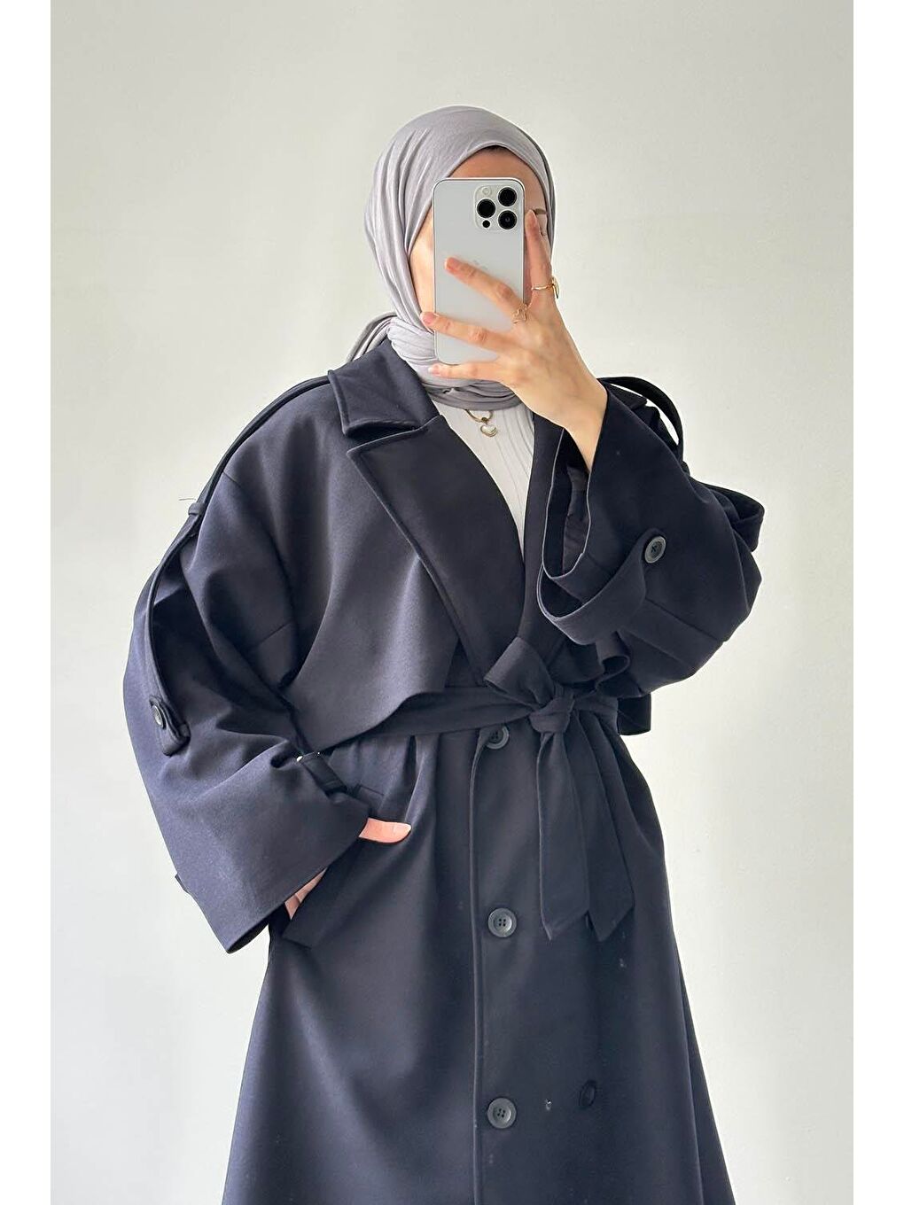 Bağlama Detaylı Trençkot Lacivert-2